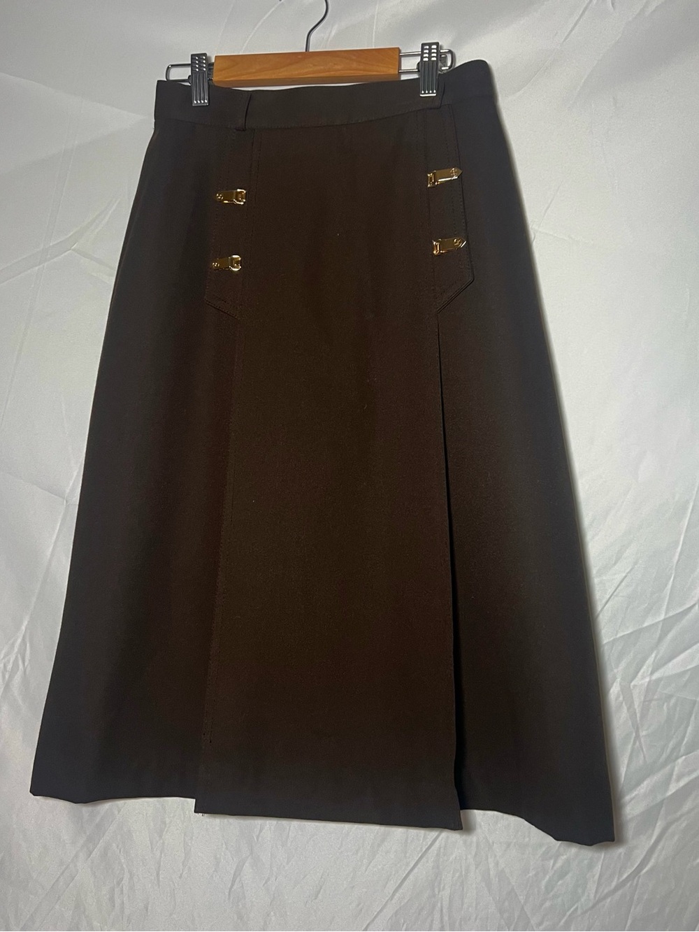 Vintage Dark Brown A-Line Midi Skirt XS with Gold-Tone Hardware